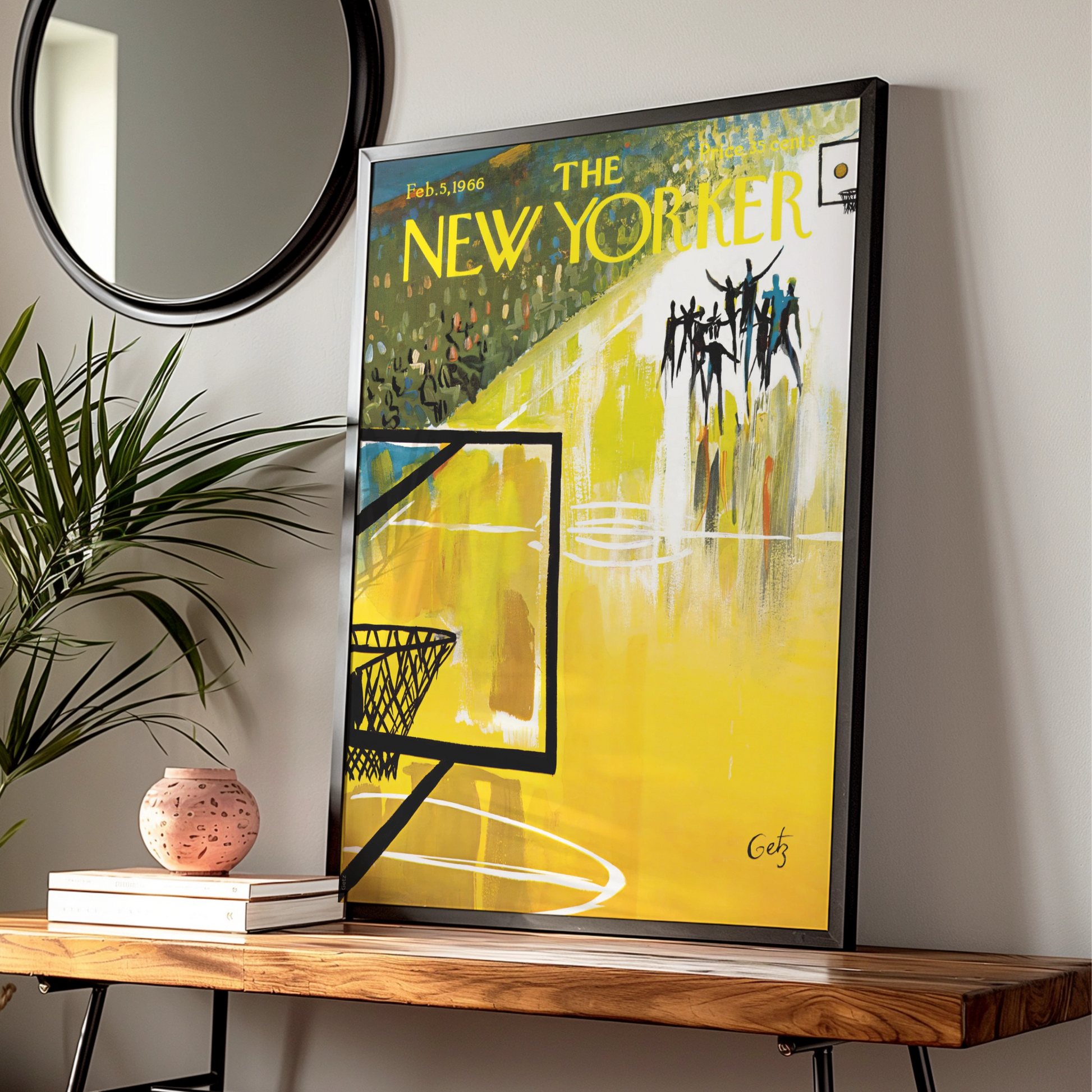 The New Yorker 1966 Basketball Court Cover Art Poster, Vintage Sports Wall Art Print