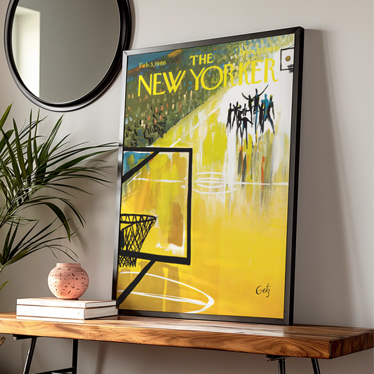The New Yorker 1966 Basketball Court Cover Art Poster, Vintage Sports Wall Art Print
