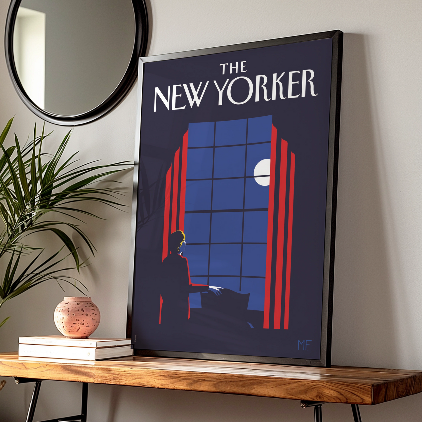 The New Yorker Art Poster, Moonlit Window Night Scene, Vintage Magazine Cover Print