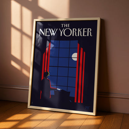 The New Yorker Art Poster, Moonlit Window Night Scene, Vintage Magazine Cover Print