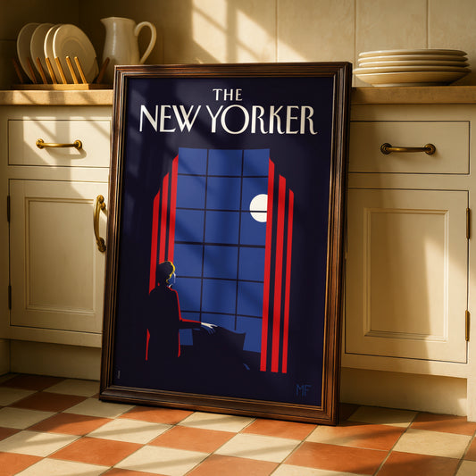 The New Yorker Art Poster, Moonlit Window Night Scene, Vintage Magazine Cover Print