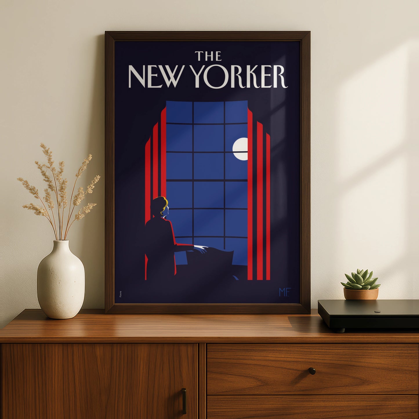 The New Yorker Art Poster, Moonlit Window Night Scene, Vintage Magazine Cover Print