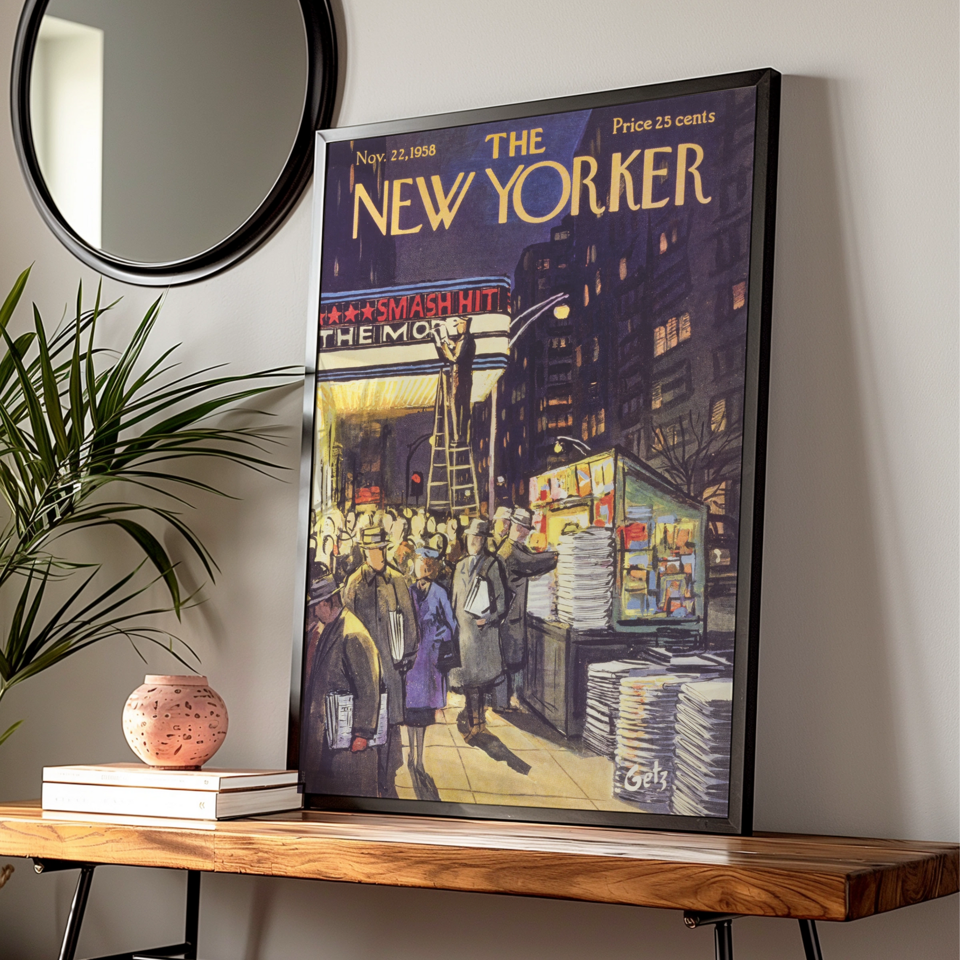 The New Yorker 1958 Cover Art Poster, Broadway Night Scene, Vintage NYC Wall Art