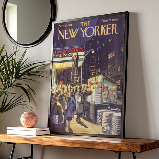 The New Yorker 1958 Cover Art Poster, Broadway Night Scene, Vintage NYC Wall Art