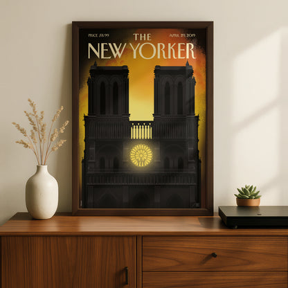 The New Yorker Notre Dame Cathedral Poster, Paris Fire Art, Gothic Church Wall Art Print
