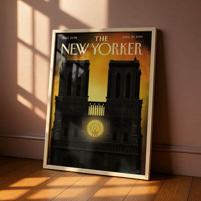 The New Yorker Notre Dame Cathedral Poster, Paris Fire Art, Gothic Church Wall Art Print