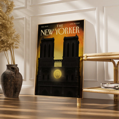 The New Yorker Notre Dame Cathedral Poster, Paris Fire Art, Gothic Church Wall Art Print