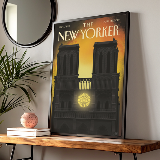 The New Yorker Notre Dame Cathedral Poster, Paris Fire Art, Gothic Church Wall Art Print