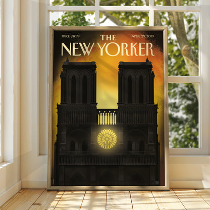 The New Yorker Notre Dame Cathedral Poster, Paris Fire Art, Gothic Church Wall Art Print