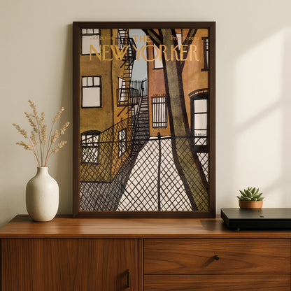 New Yorker Cover Art Poster, 1974 NYC Fire Escape Print, Vintage City Wall Art