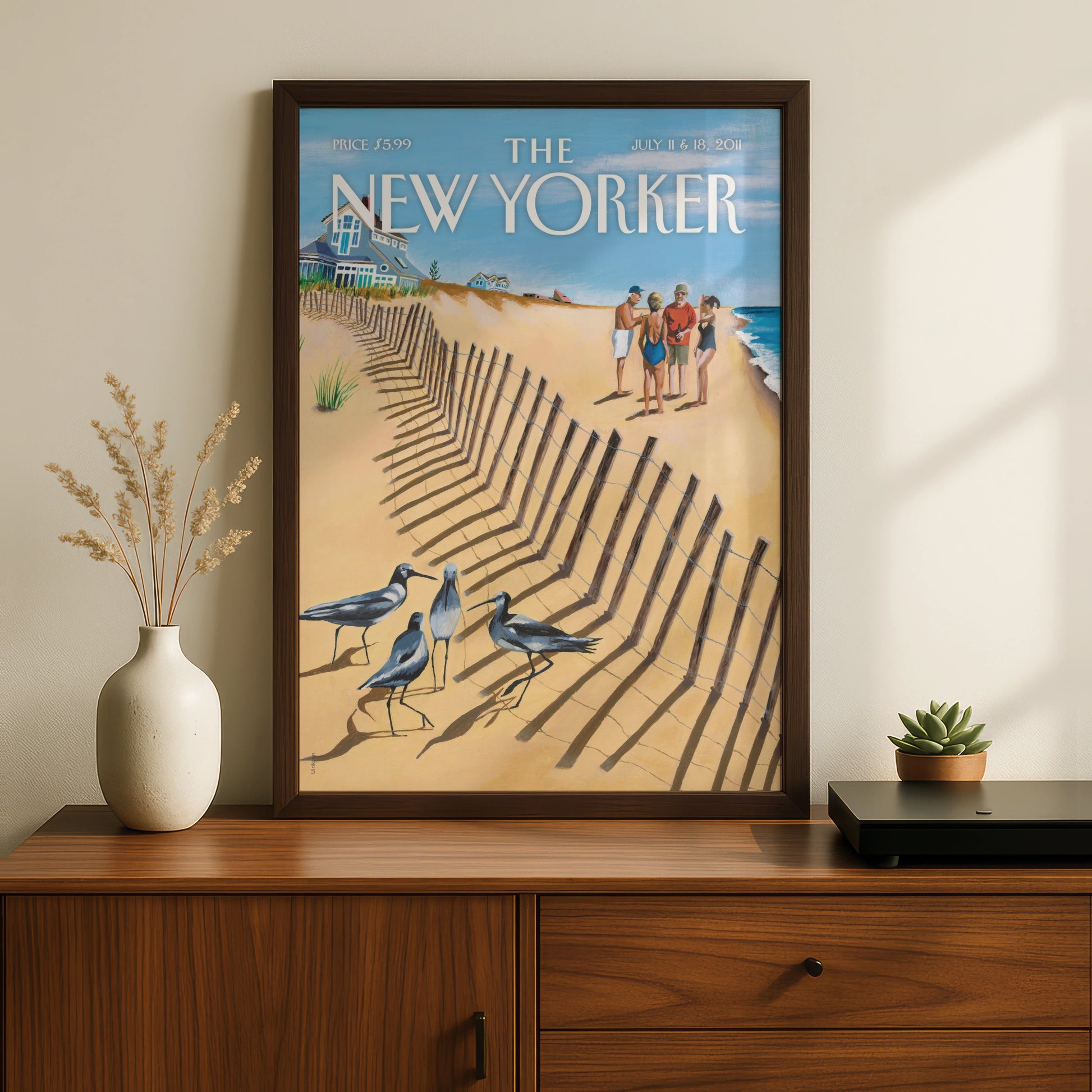 The New Yorker Beach Cover Poster, Summer Sandpiper Art Print, Coastal Wall Art