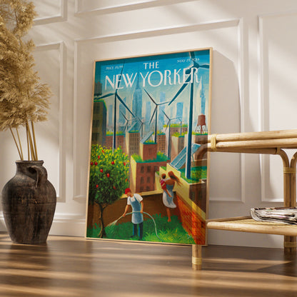 New Yorker Cover Poster, NYC Rooftop Garden Wind Turbines, Green City Wall Art Print
