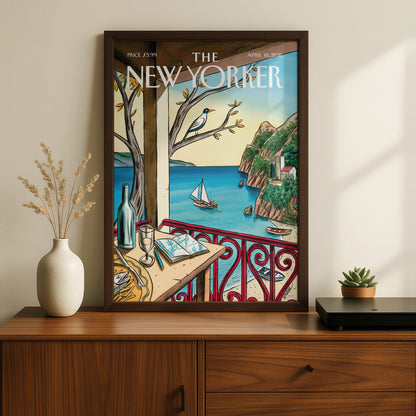 The New Yorker Cover Art Poster, Mediterranean Coast, Sailboat, Coastal Wall Art Print