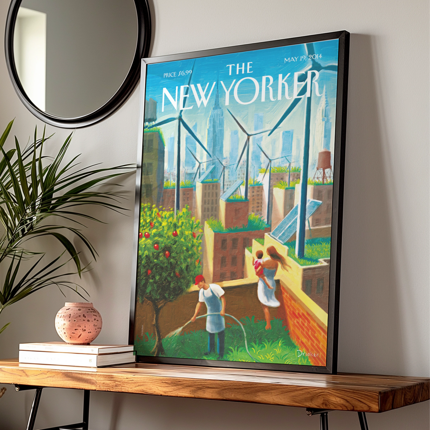 New Yorker Cover Poster, NYC Rooftop Garden Wind Turbines, Green City Wall Art Print