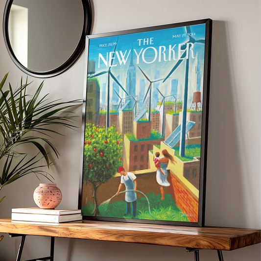 New Yorker Cover Poster, NYC Rooftop Garden Wind Turbines, Green City Wall Art Print