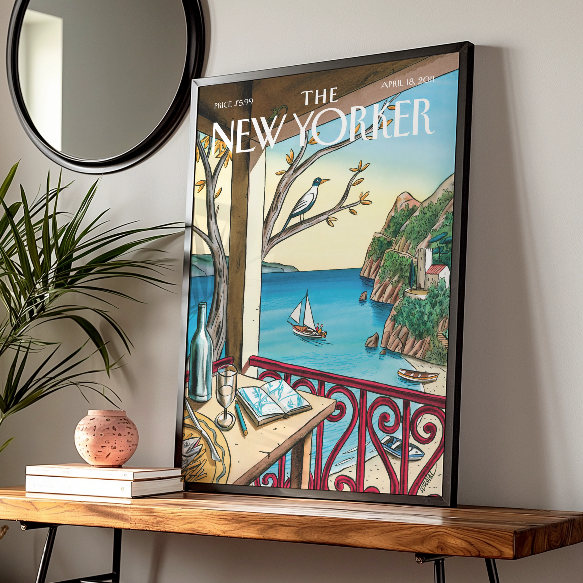 The New Yorker Cover Art Poster, Mediterranean Coast, Sailboat, Coastal Wall Art Print