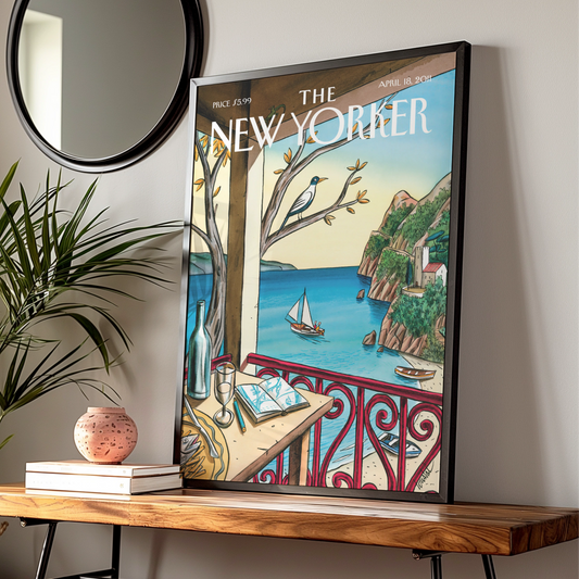 The New Yorker Cover Art Poster, Mediterranean Coast, Sailboat, Coastal Wall Art Print