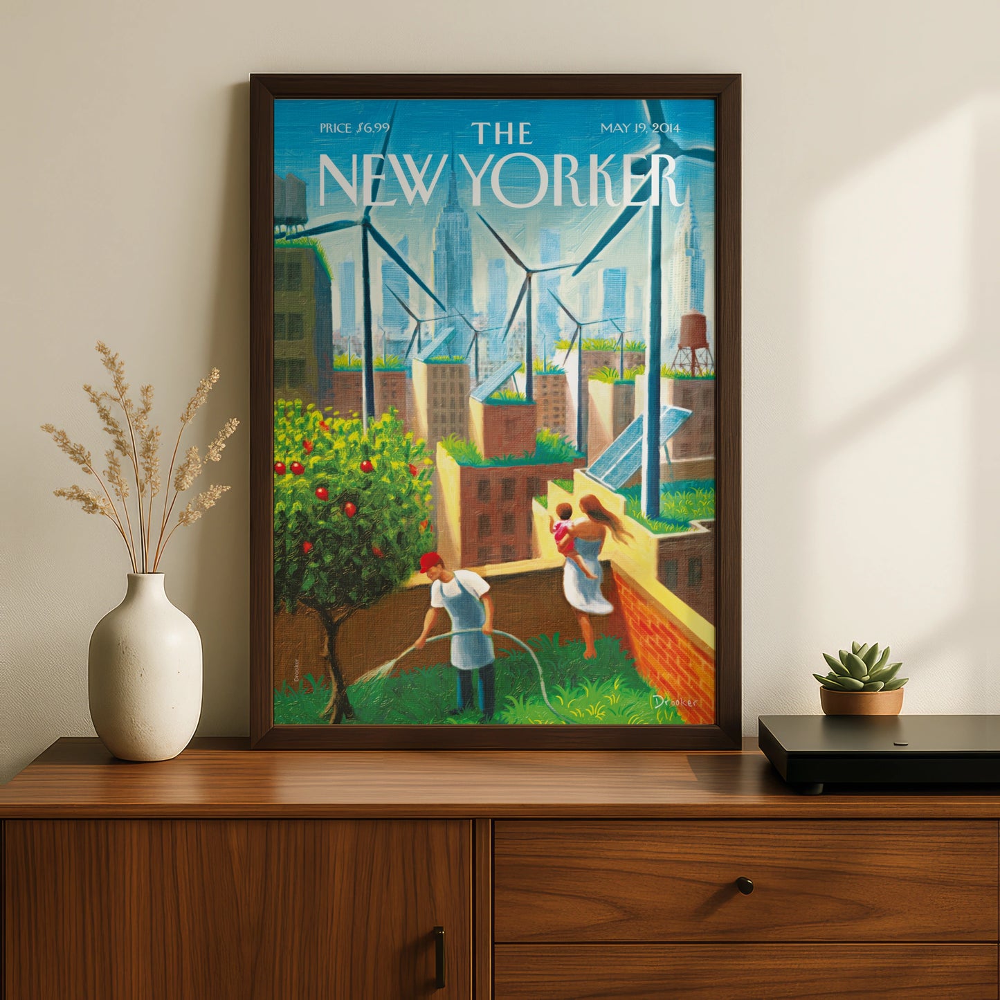 New Yorker Cover Poster, NYC Rooftop Garden Wind Turbines, Green City Wall Art Print