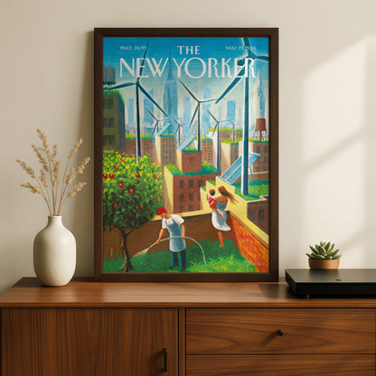 New Yorker Cover Poster, NYC Rooftop Garden Wind Turbines, Green City Wall Art Print