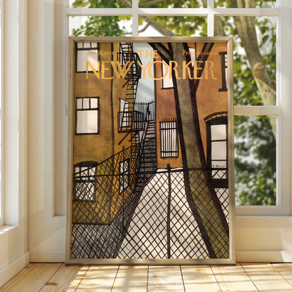 New Yorker Cover Art Poster, 1974 NYC Fire Escape Print, Vintage City Wall Art