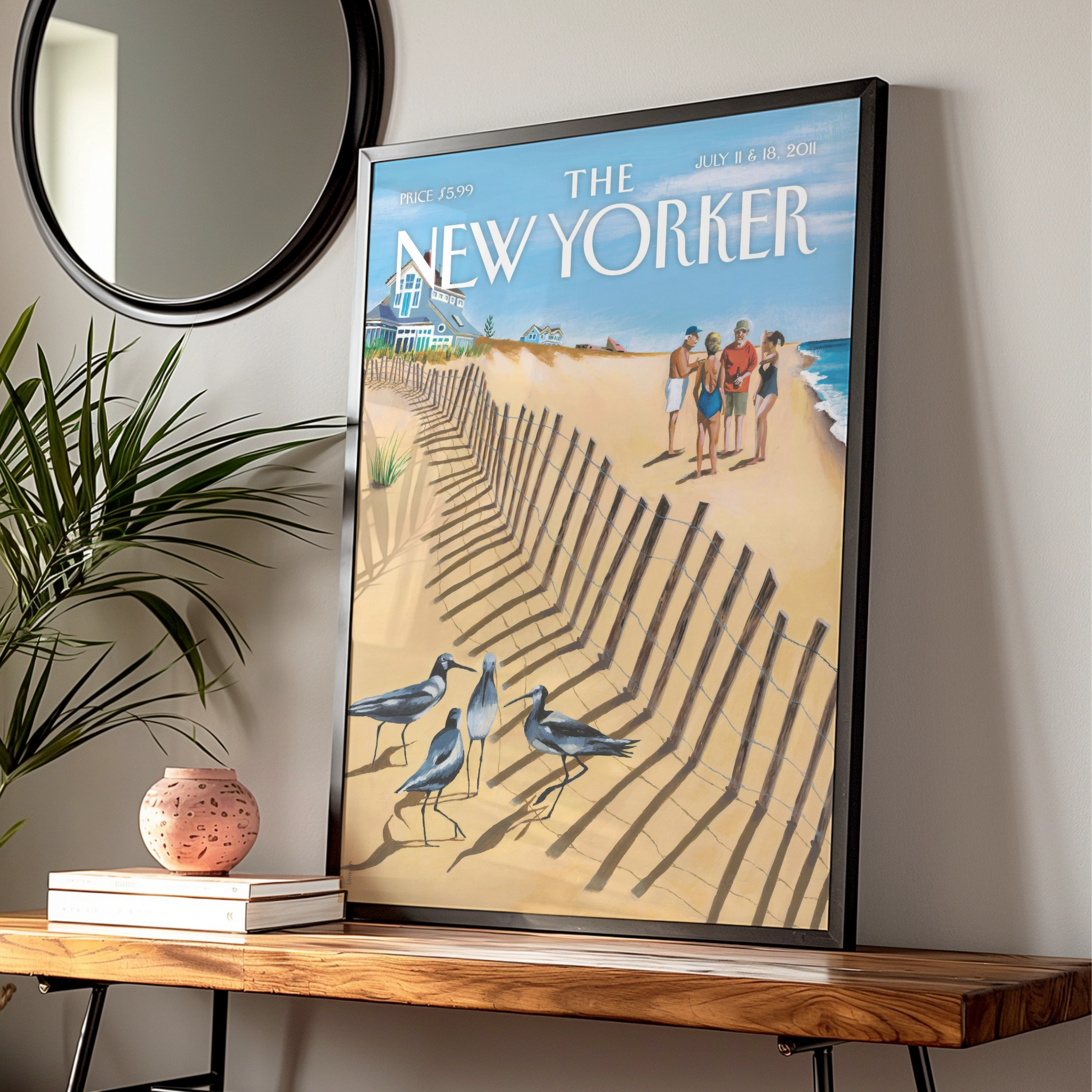 The New Yorker Beach Cover Poster, Summer Sandpiper Art Print, Coastal Wall Art
