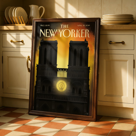 The New Yorker Notre Dame Cathedral Poster, Paris Fire Art, Gothic Church Wall Art Print