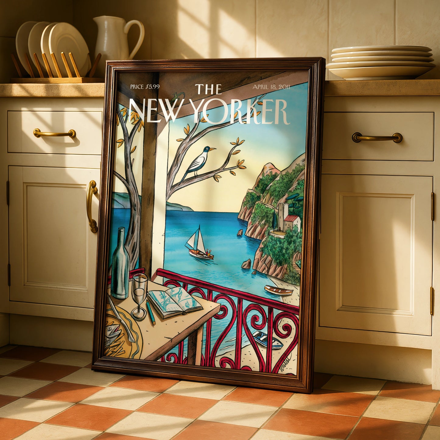 The New Yorker Cover Art Poster, Mediterranean Coast, Sailboat, Coastal Wall Art Print