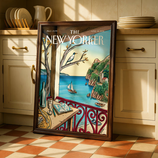The New Yorker Cover Art Poster, Mediterranean Coast, Sailboat, Coastal Wall Art Print