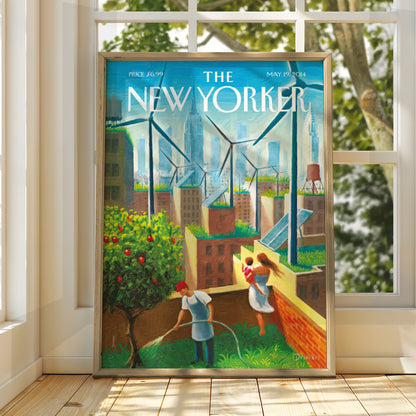 New Yorker Cover Poster, NYC Rooftop Garden Wind Turbines, Green City Wall Art Print