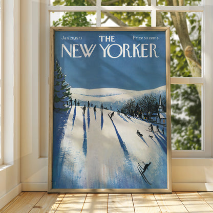 The New Yorker 1973 Winter Ski Slope Cover Art Poster, Vintage Blue Snow Print