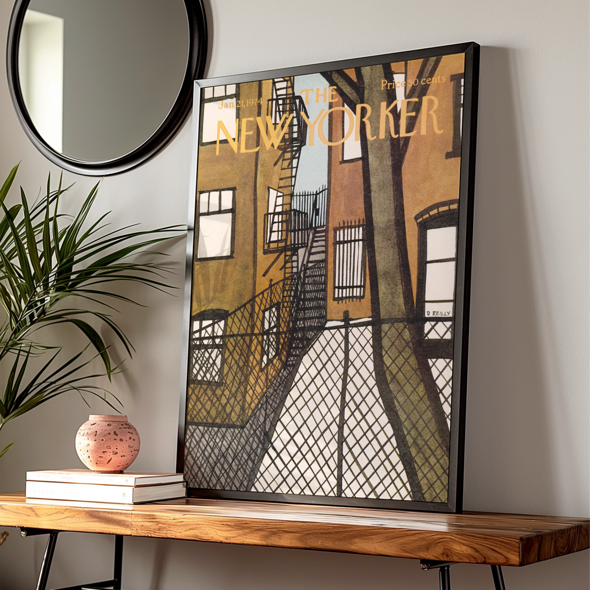 New Yorker Cover Art Poster, 1974 NYC Fire Escape Print, Vintage City Wall Art