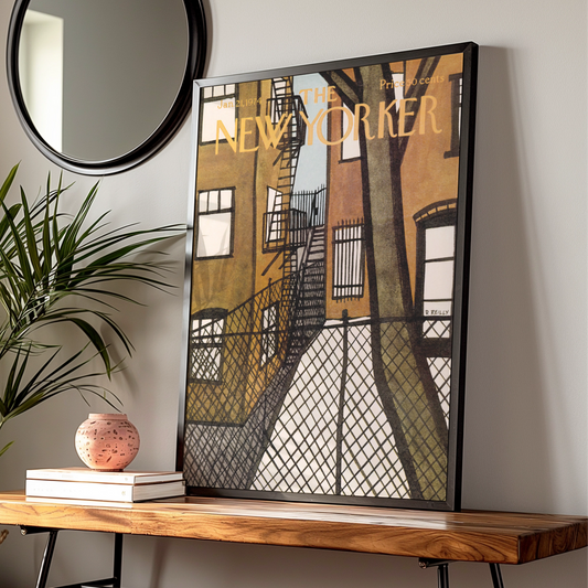 New Yorker Cover Art Poster, 1974 NYC Fire Escape Print, Vintage City Wall Art