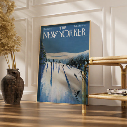 The New Yorker 1973 Winter Ski Slope Cover Art Poster, Vintage Blue Snow Print