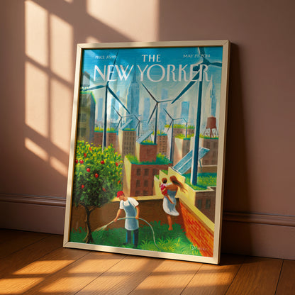 New Yorker Cover Poster, NYC Rooftop Garden Wind Turbines, Green City Wall Art Print