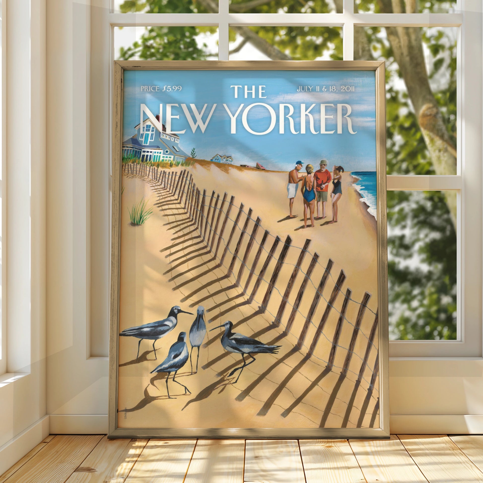 The New Yorker Beach Cover Poster, Summer Sandpiper Art Print, Coastal Wall Art