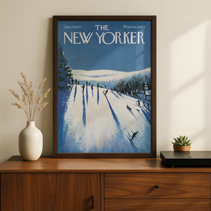 The New Yorker 1973 Winter Ski Slope Cover Art Poster, Vintage Blue Snow Print