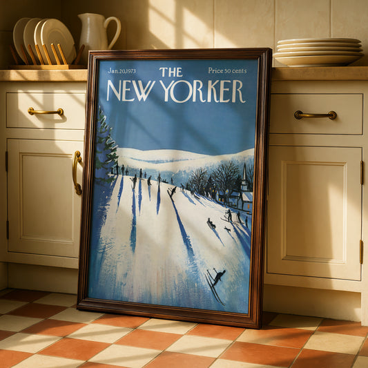 The New Yorker 1973 Winter Ski Slope Cover Art Poster, Vintage Blue Snow Print