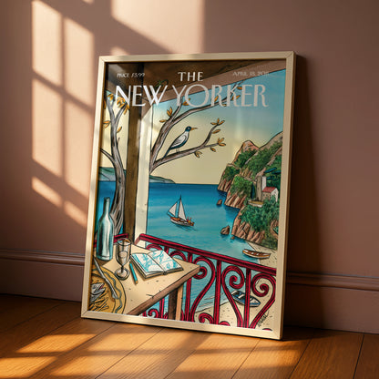 The New Yorker Cover Art Poster, Mediterranean Coast, Sailboat, Coastal Wall Art Print