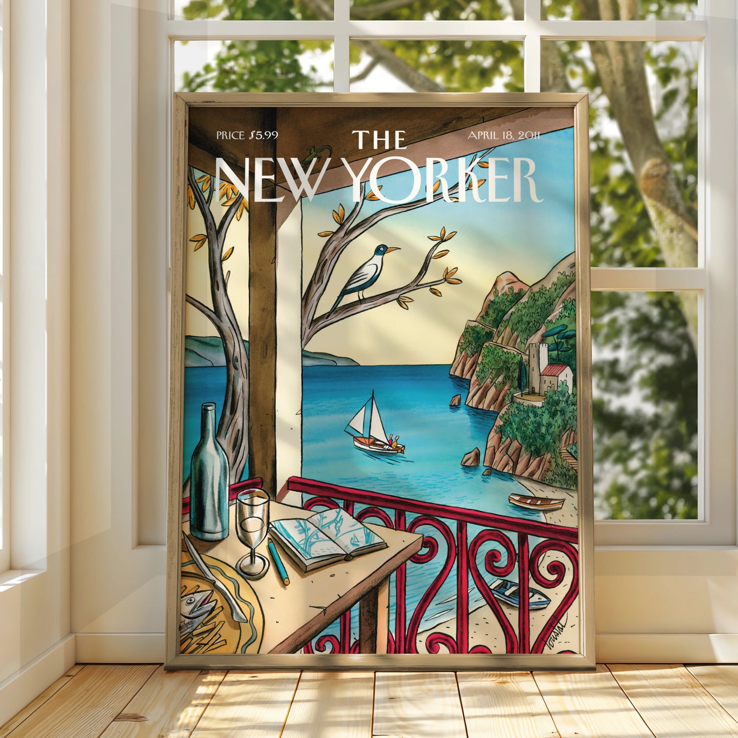 The New Yorker Cover Art Poster, Mediterranean Coast, Sailboat, Coastal Wall Art Print