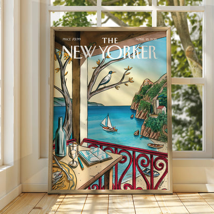 The New Yorker Cover Art Poster, Mediterranean Coast, Sailboat, Coastal Wall Art Print