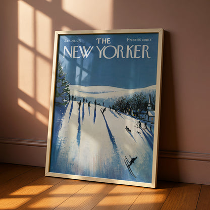 The New Yorker 1973 Winter Ski Slope Cover Art Poster, Vintage Blue Snow Print