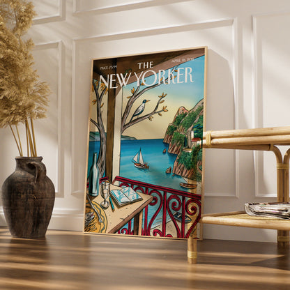 The New Yorker Cover Art Poster, Mediterranean Coast, Sailboat, Coastal Wall Art Print