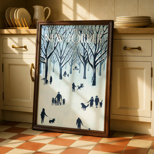 The New Yorker Poster, Winter Central Park Dogs Wall Art, NYC Snow Scene Print