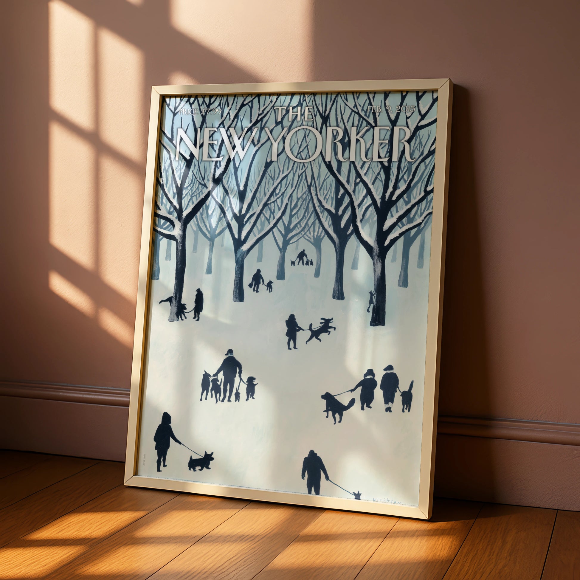 The New Yorker Poster, Winter Central Park Dogs Wall Art, NYC Snow Scene Print