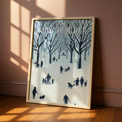 The New Yorker Poster, Winter Central Park Dogs Wall Art, NYC Snow Scene Print
