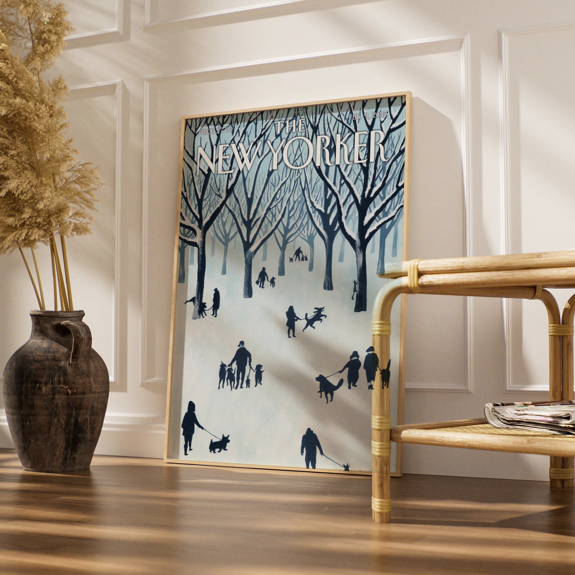 The New Yorker Poster, Winter Central Park Dogs Wall Art, NYC Snow Scene Print