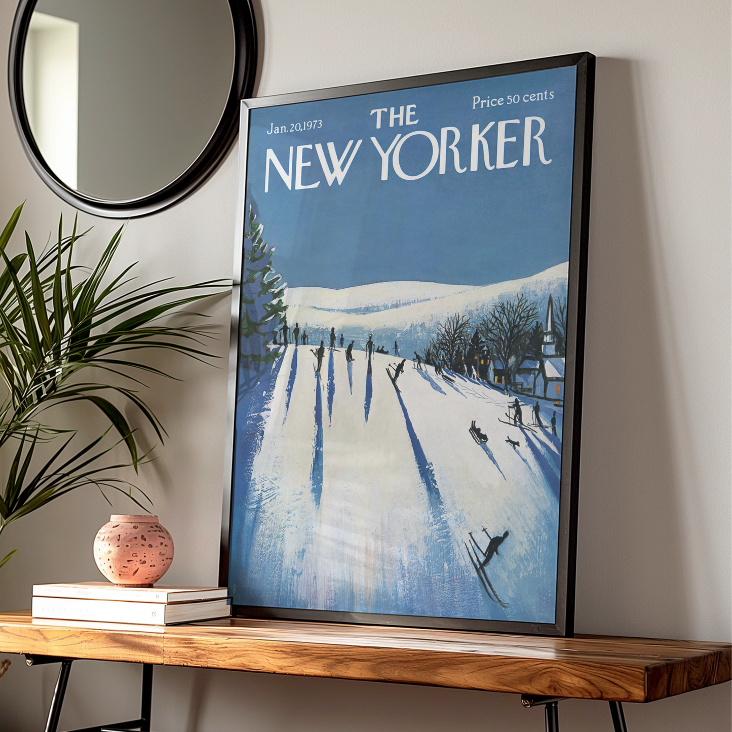 The New Yorker 1973 Winter Ski Slope Cover Art Poster, Vintage Blue Snow Print