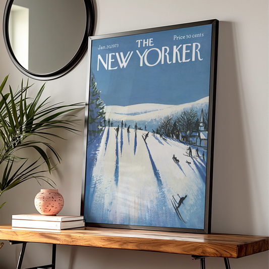 The New Yorker 1973 Winter Ski Slope Cover Art Poster, Vintage Blue Snow Print
