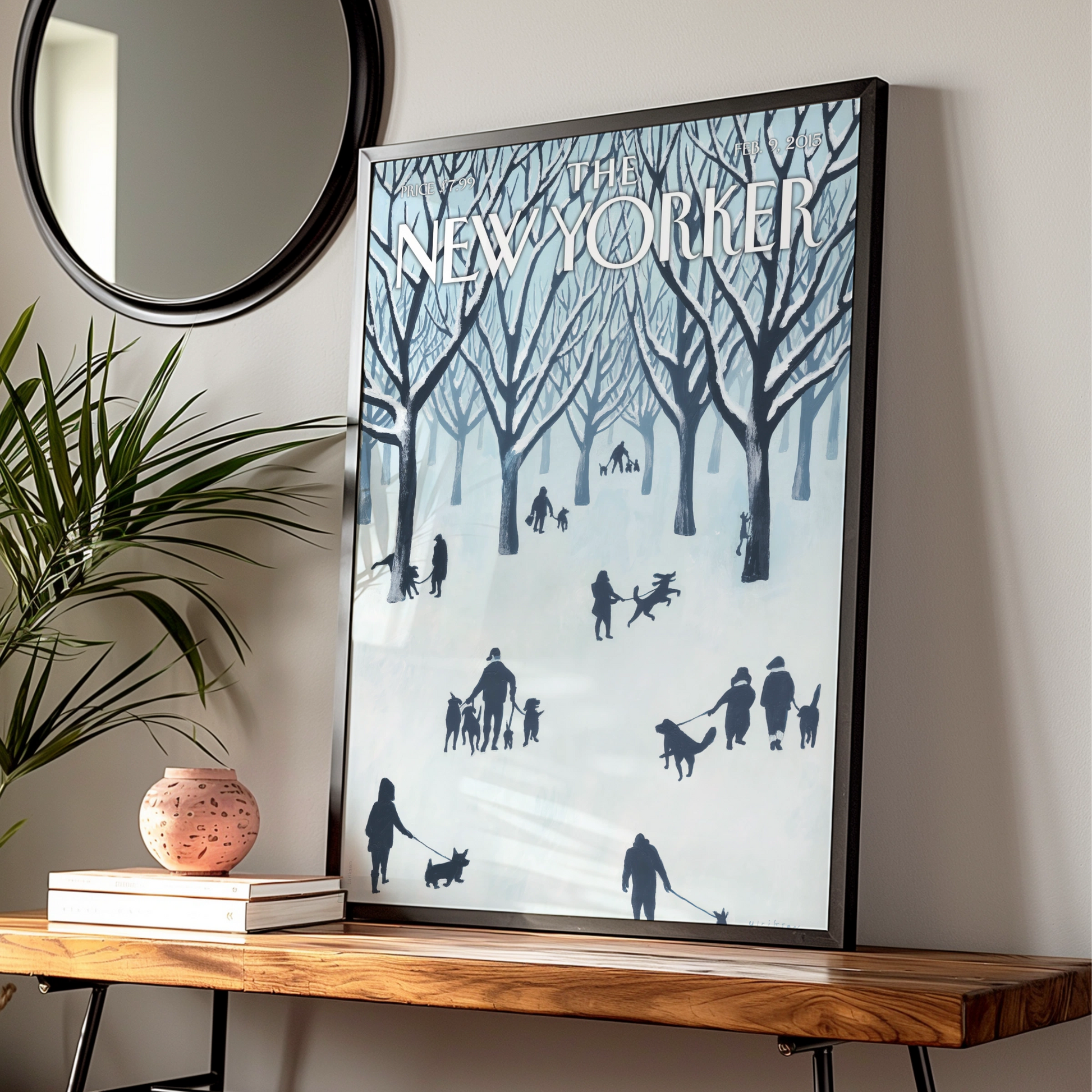 The New Yorker Poster, Winter Central Park Dogs Wall Art, NYC Snow Scene Print