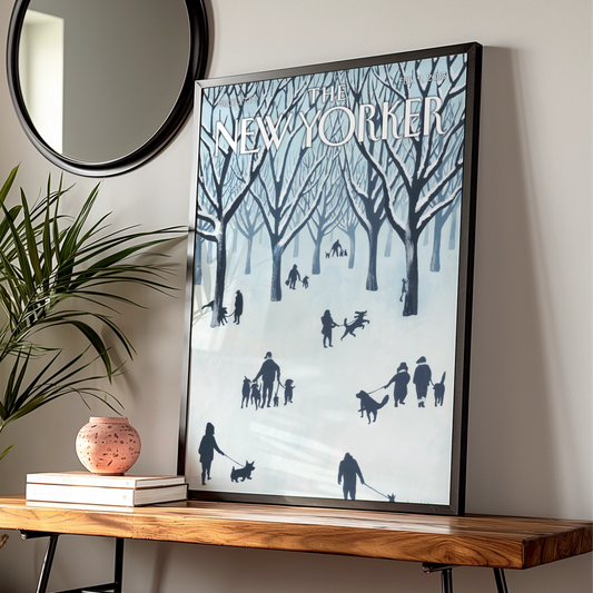 The New Yorker Poster, Winter Central Park Dogs Wall Art, NYC Snow Scene Print